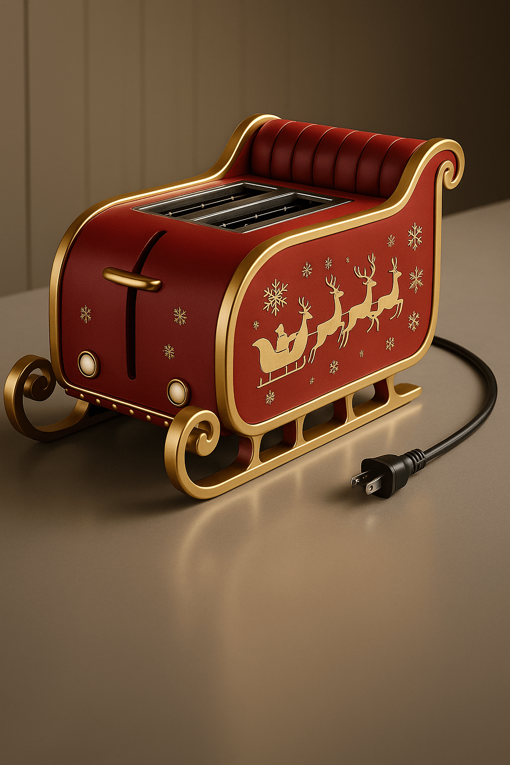 Festive red sleigh-shaped Christmas toaster with gold trim and reindeer design.