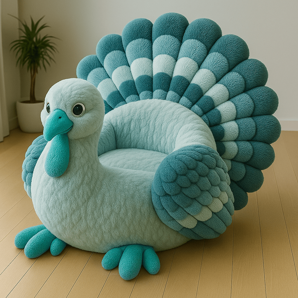Modern teal and aqua chair with layered tail feathers and faux-fur texture