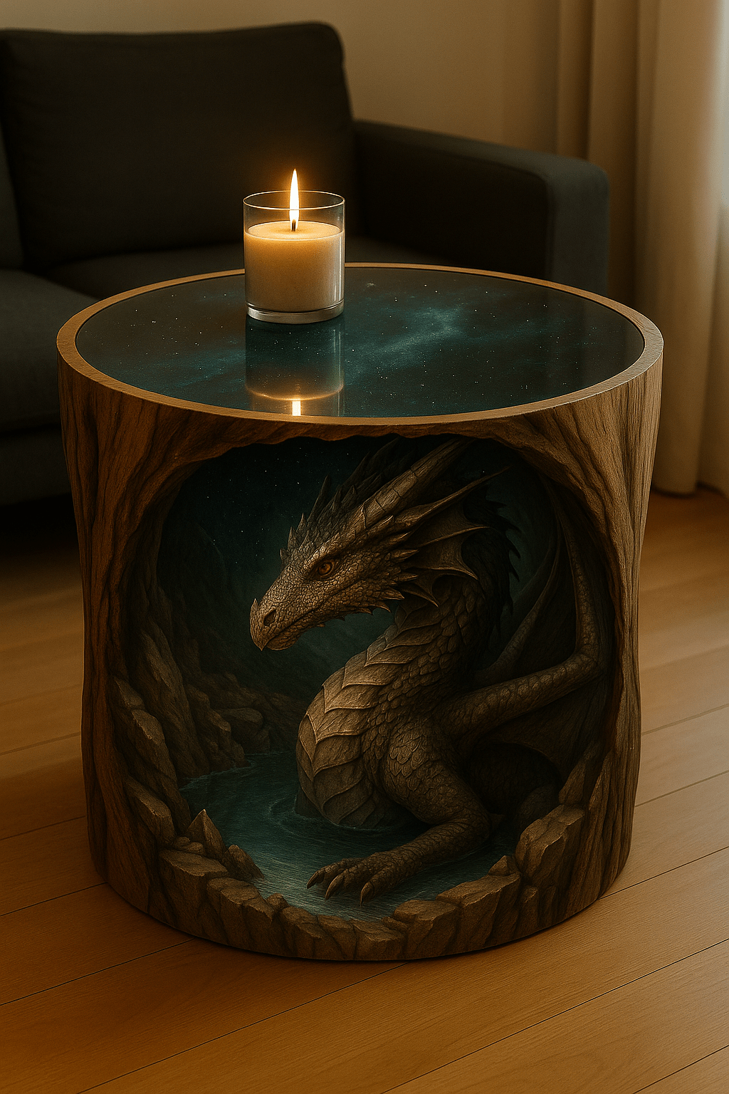 Detailed dragon coffee table featuring a serene water dragon inside a carved cavern with a candle on top.
