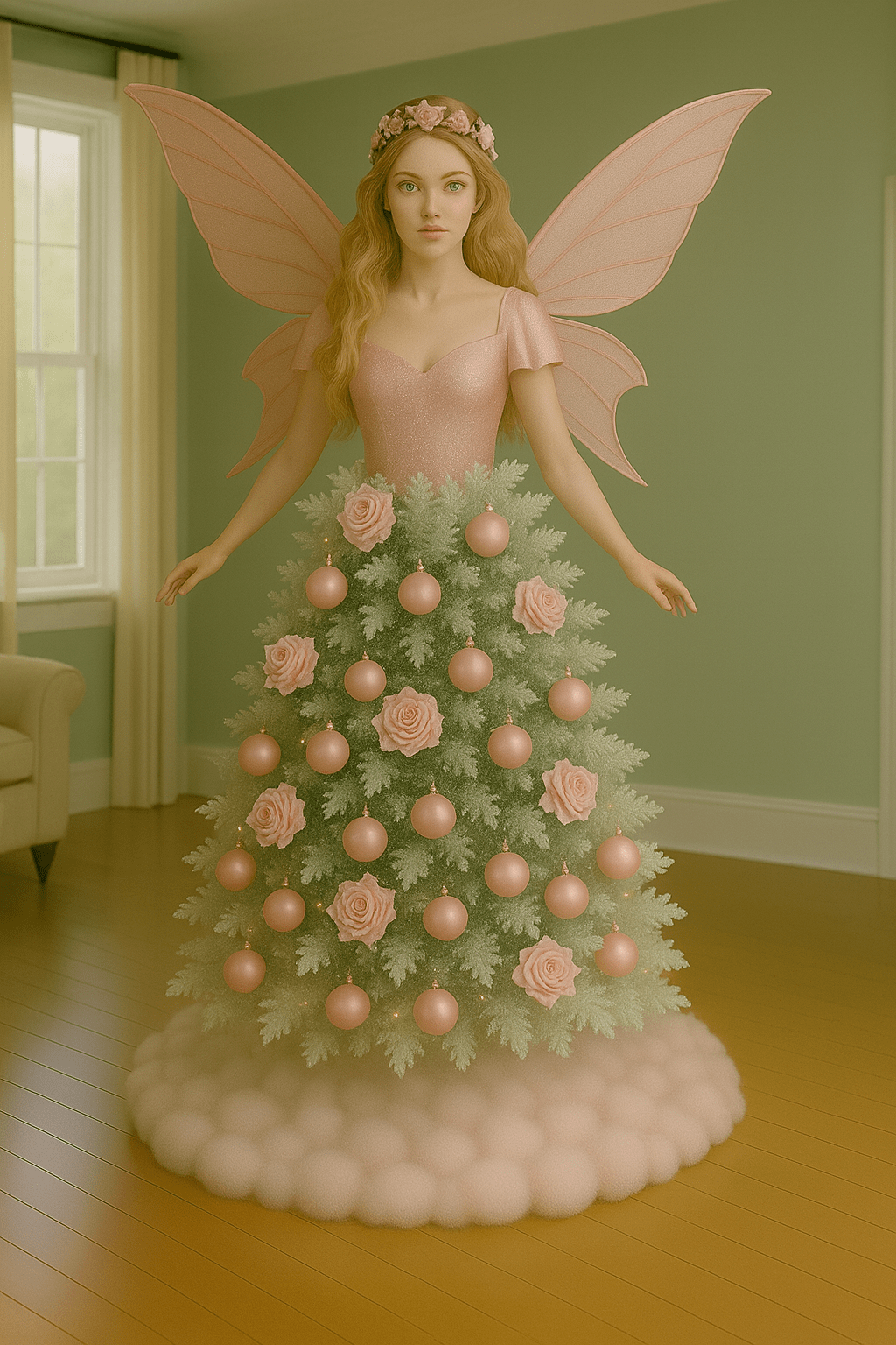 Blush pink fairy Christmas tree with pink baubles, fabric roses and soft festive lighting