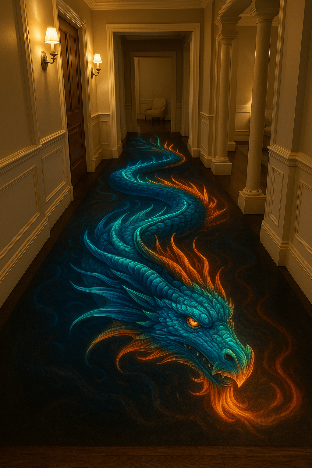 Dragon-themed flooring featuring a blue dragon with orange flames in a long hallway.