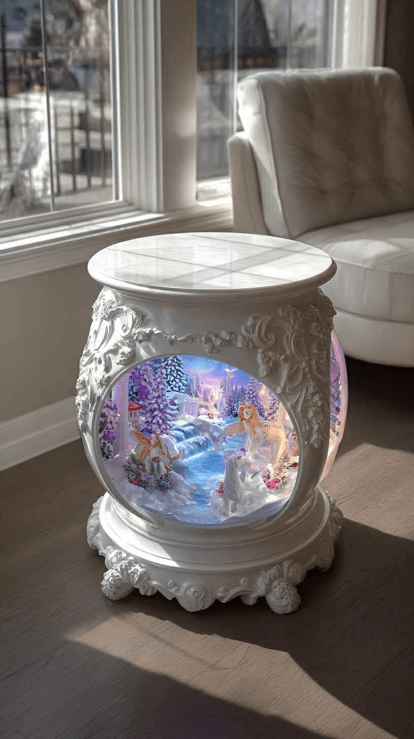 Elegant white fantasy table with illuminated unicorns and snowy forest scene inside glass base