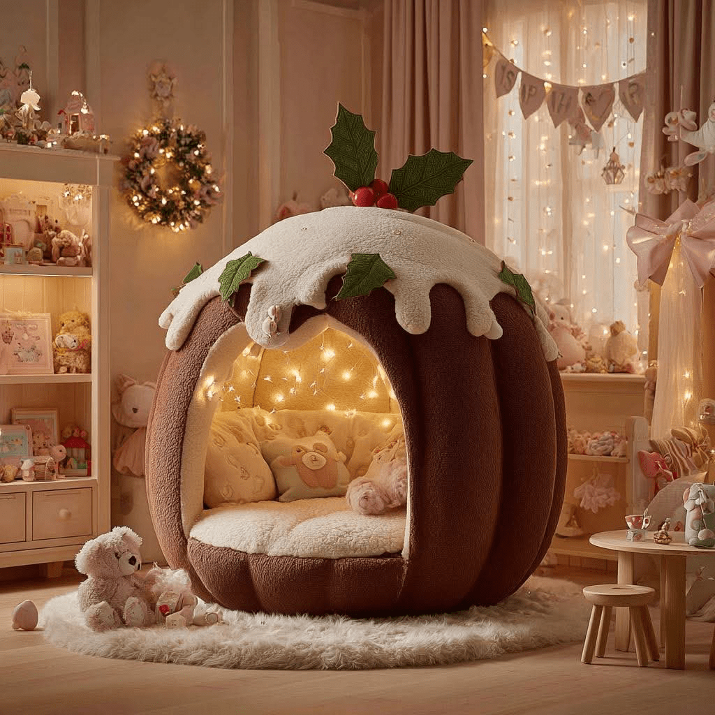 Oversized Christmas pudding-shaped lounger with soft icing detail and warm glowing interior.
