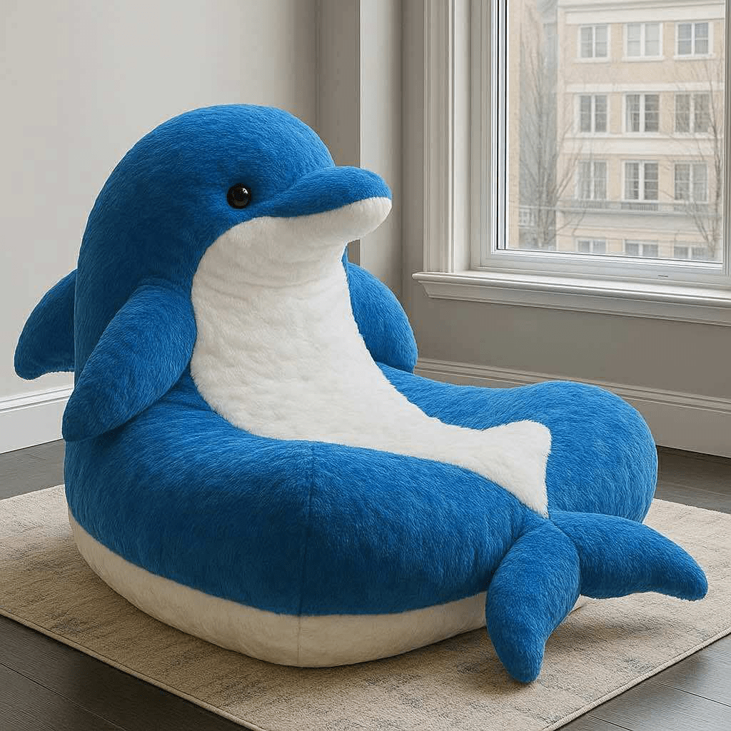 Plush blue dolphin armchair with white belly in a bright modern room near a window