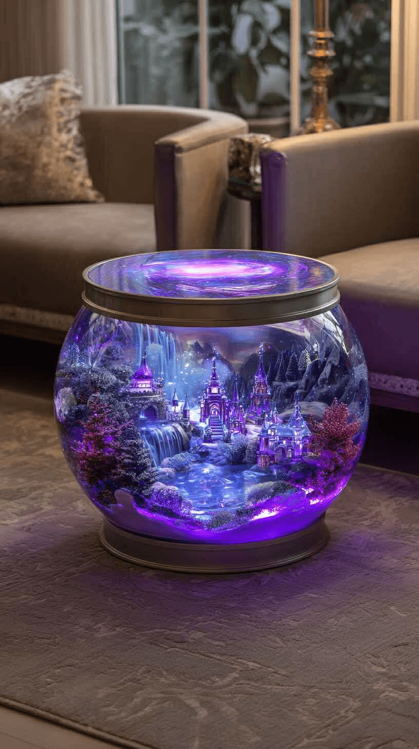 Illuminated fantasy table with glowing purple waterfall kingdom design inside round glass base