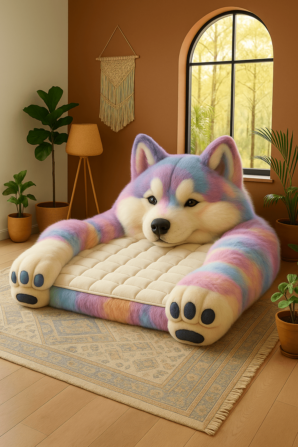 Colourful pastel husky shaped oversized lounger chair adding playful character to a cosy interior