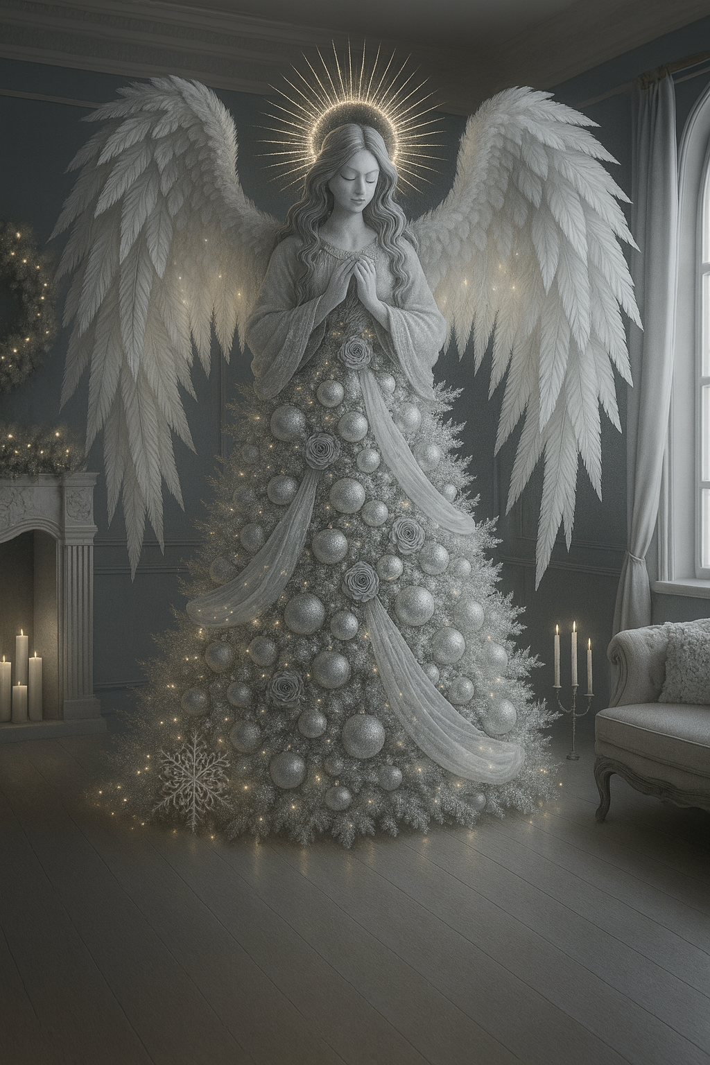 Silver angel Christmas tree with frosted baubles and glowing halo in elegant living room