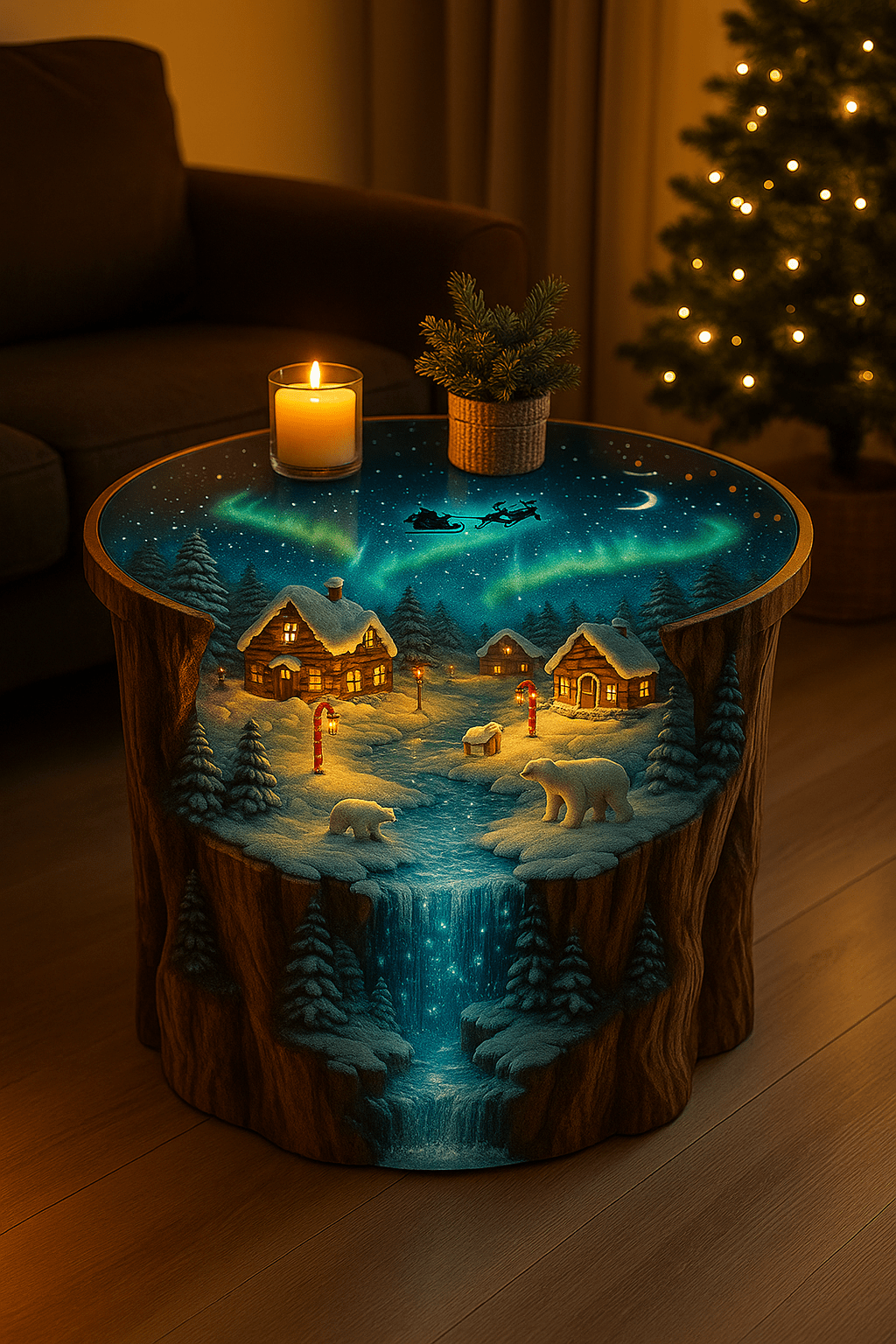 Christmas village coffee table with polar bears, snowy cabins, aurora sky, and glowing winter scenery.
