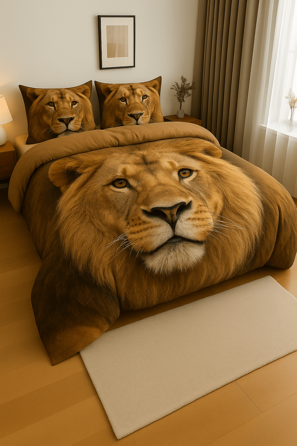 Realistic lion bedding set with majestic lion face design in warm, natural-toned room