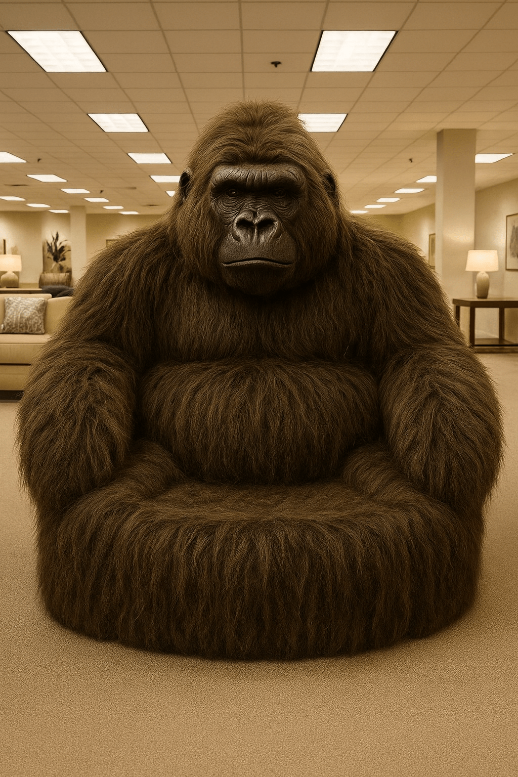 Brown oversized gorilla lounger chair with plush faux fur in modern interior