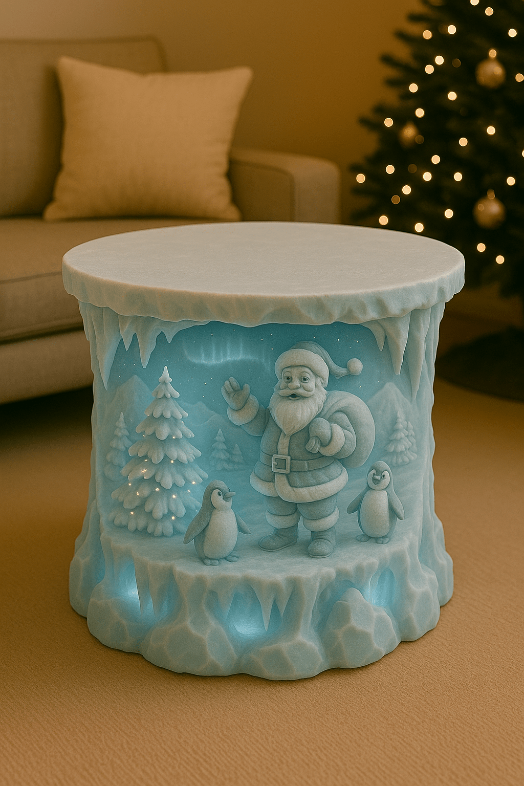 Frosted blue Christmas table featuring Santa with penguins and glowing snowy trees