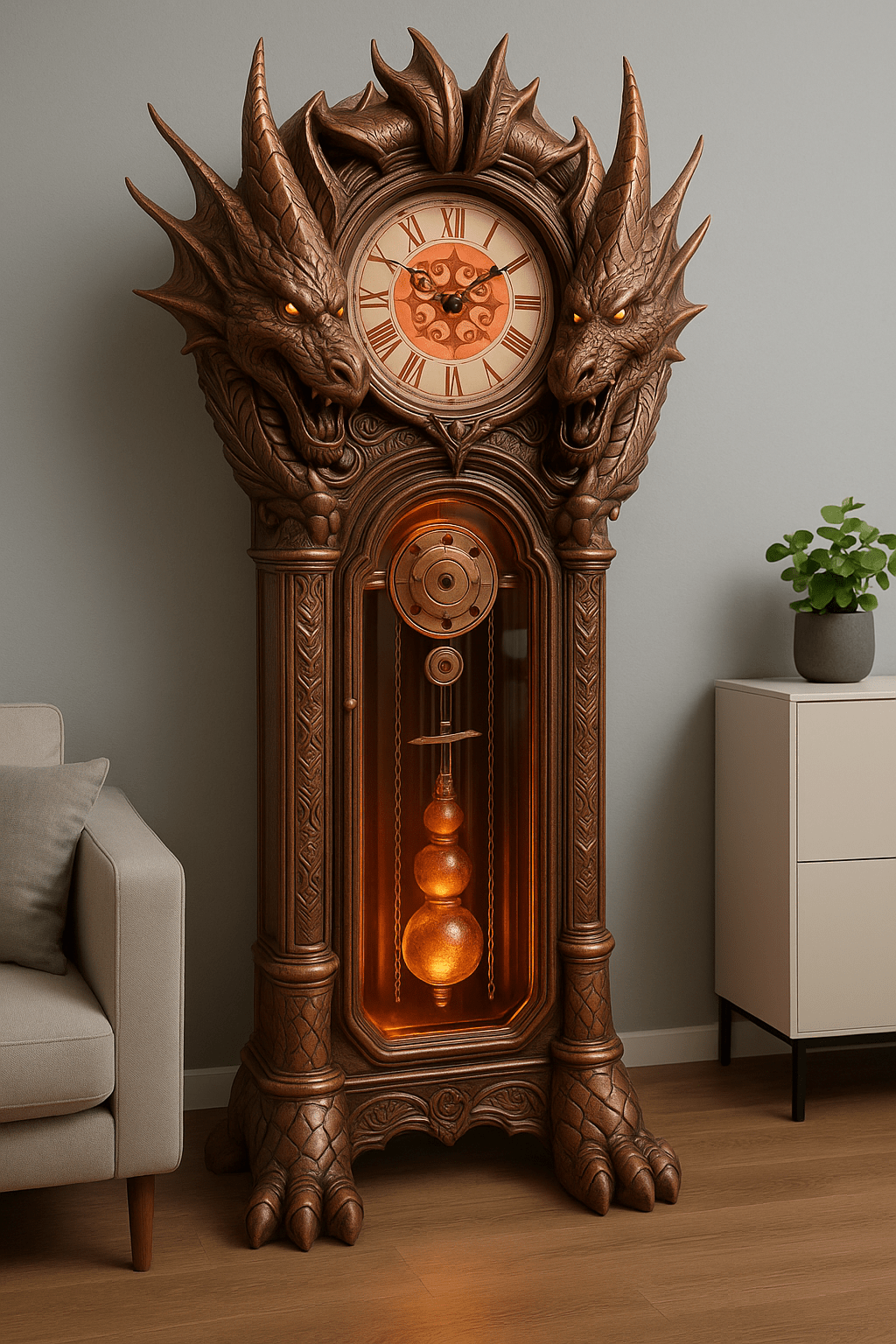 Bronze-toned dragon grandfather clock with fiery orange glow and detailed dragon carvings.