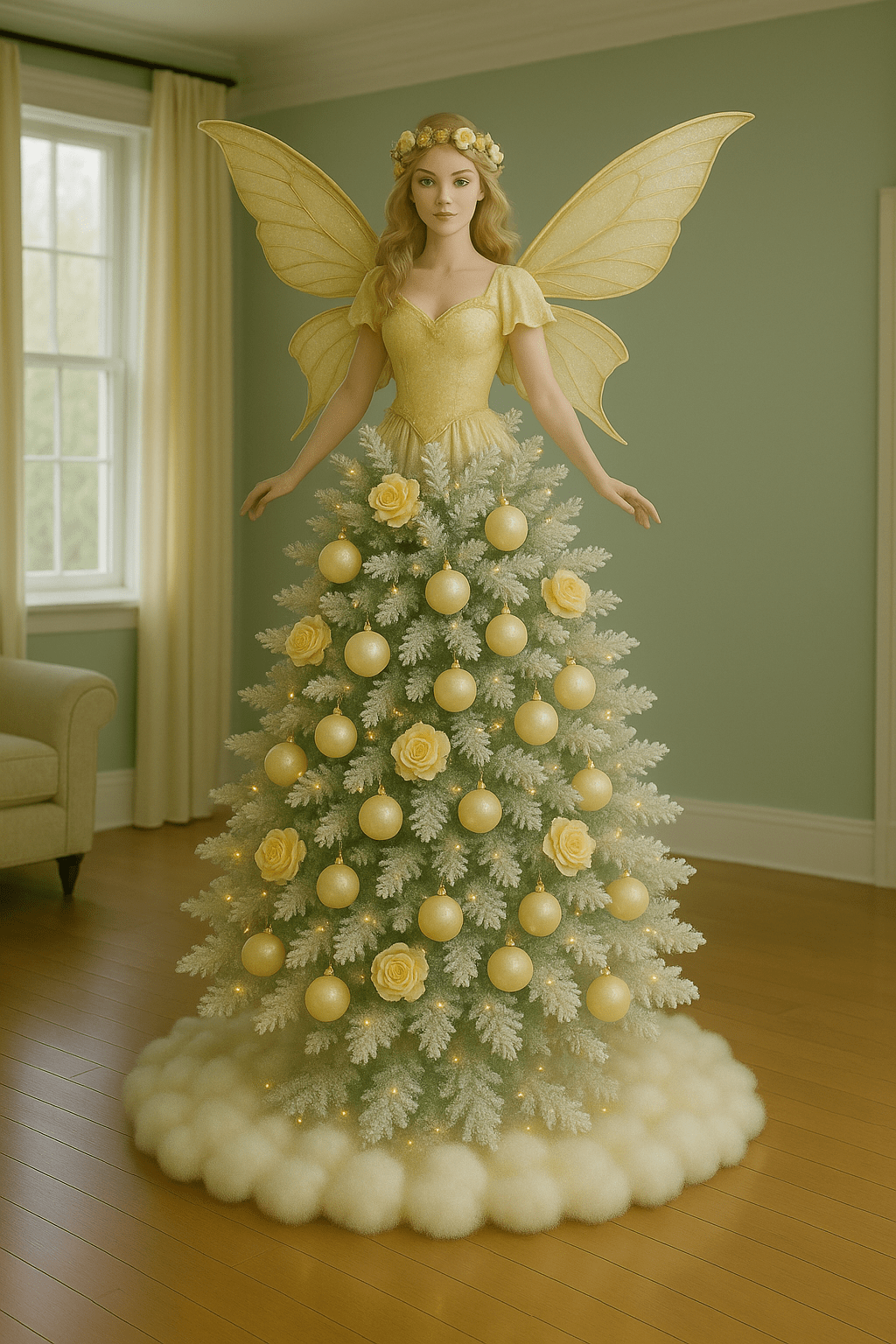 Golden fairy Christmas tree with champagne baubles, frosted branches and elegant fairy figure
