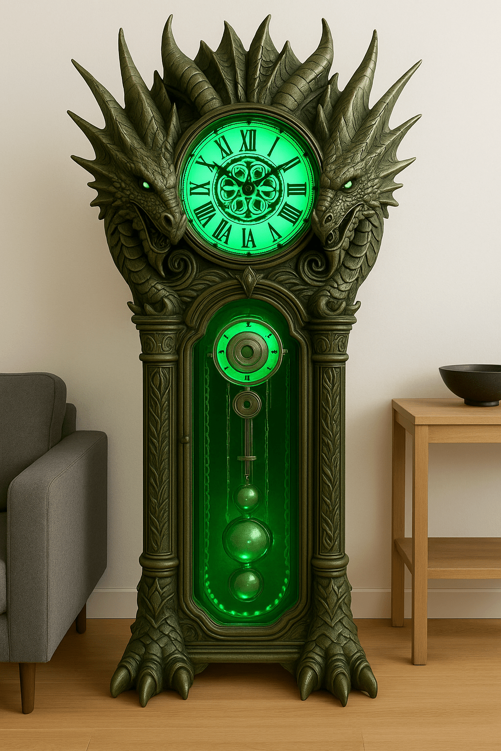 Emerald green dragon grandfather clock with bright green illumination and intricate detailing.