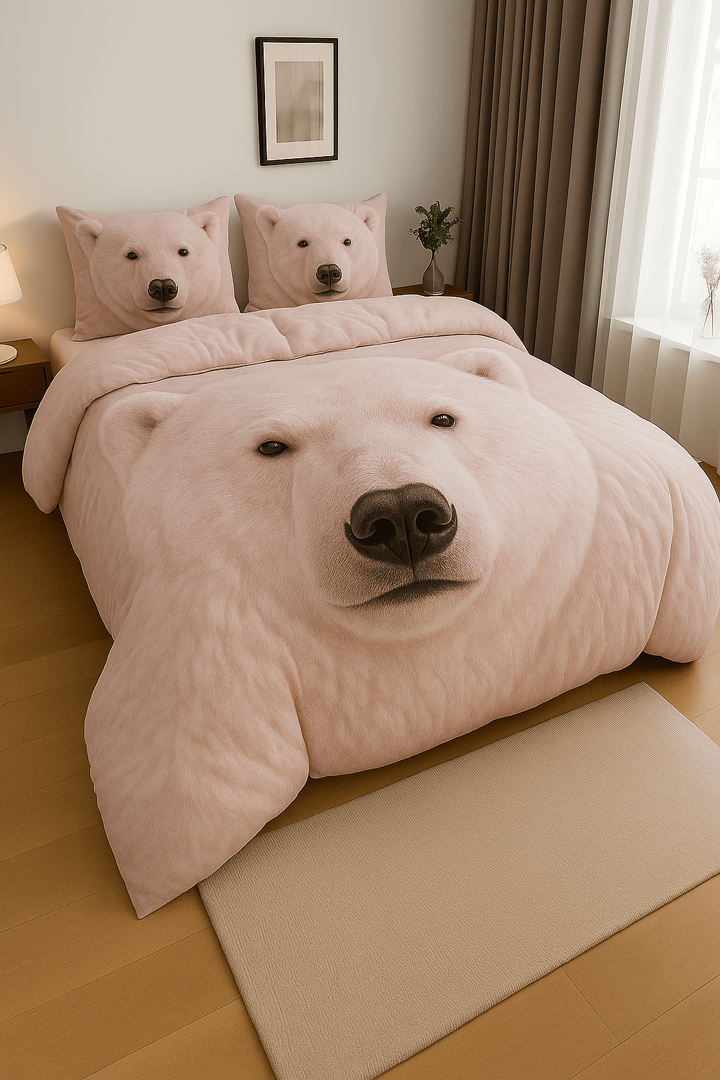 Light pink polar bear bedding with lifelike bear face design on duvet and pillows