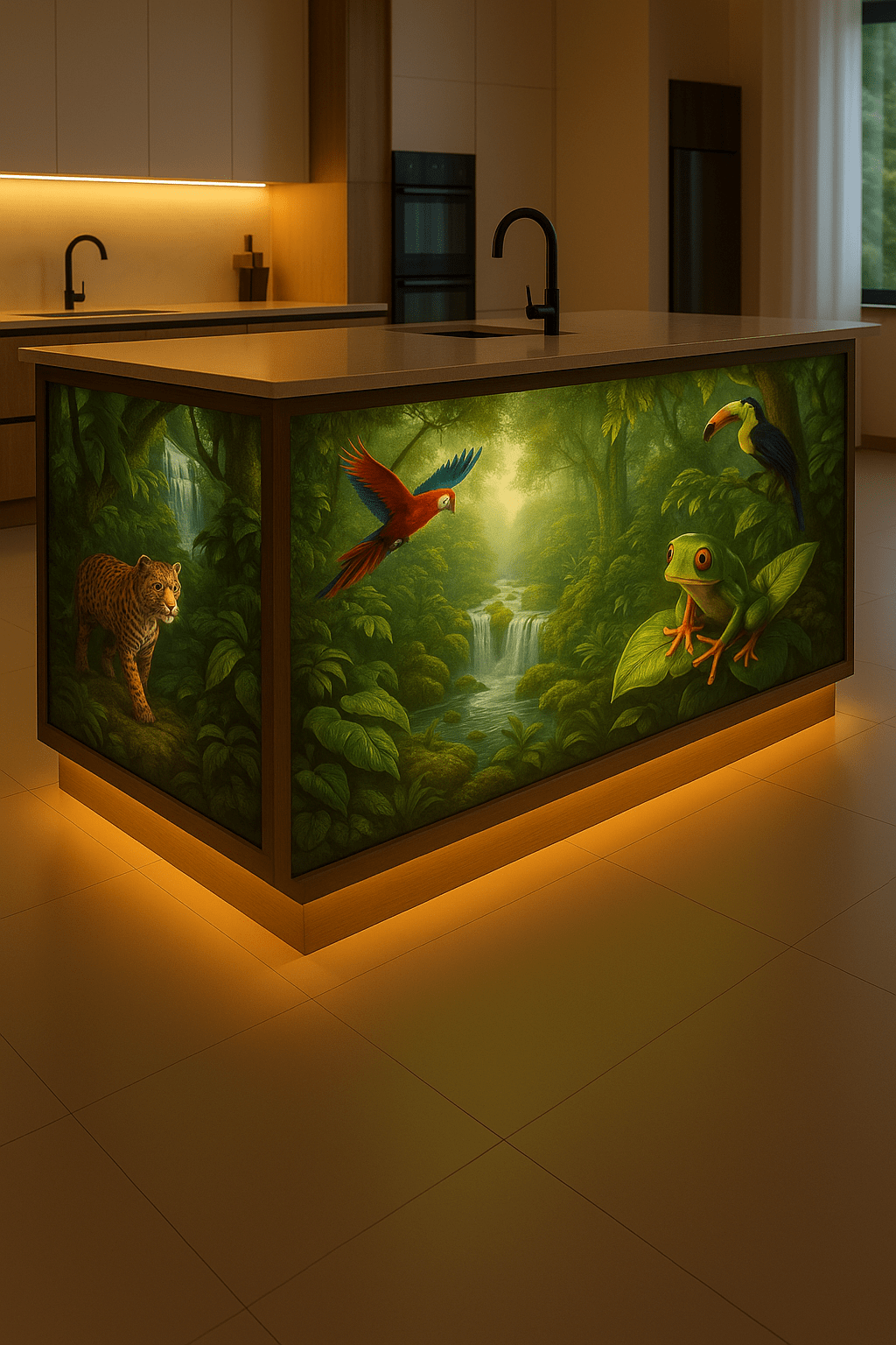 Exotic rainforest kitchen island with leopard, parrot, frog, and waterfall backdrop