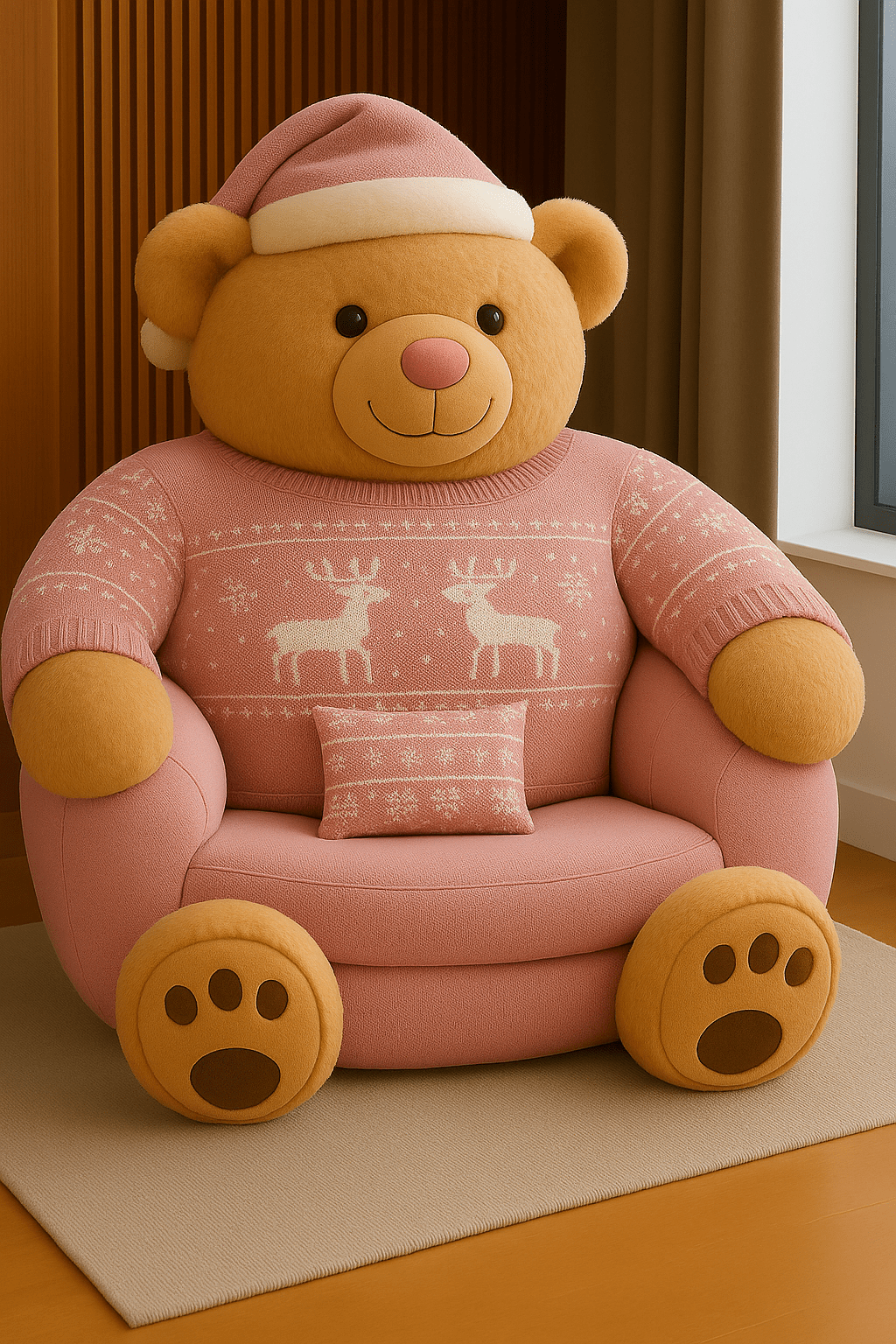 Pink teddy bear armchair with cream reindeer jumper and matching hat