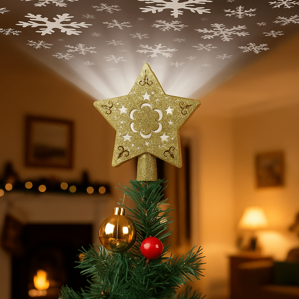 Glittering gold star tree topper projecting snowflake patterns onto the ceiling.