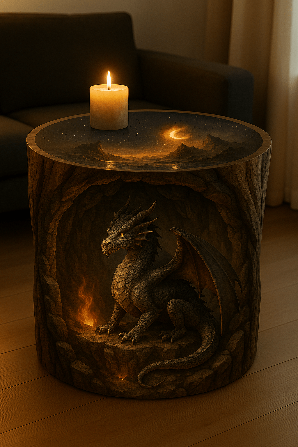 Sculpted dragon coffee table showing a resting dragon illuminated by warm fire inside a stone cavern.