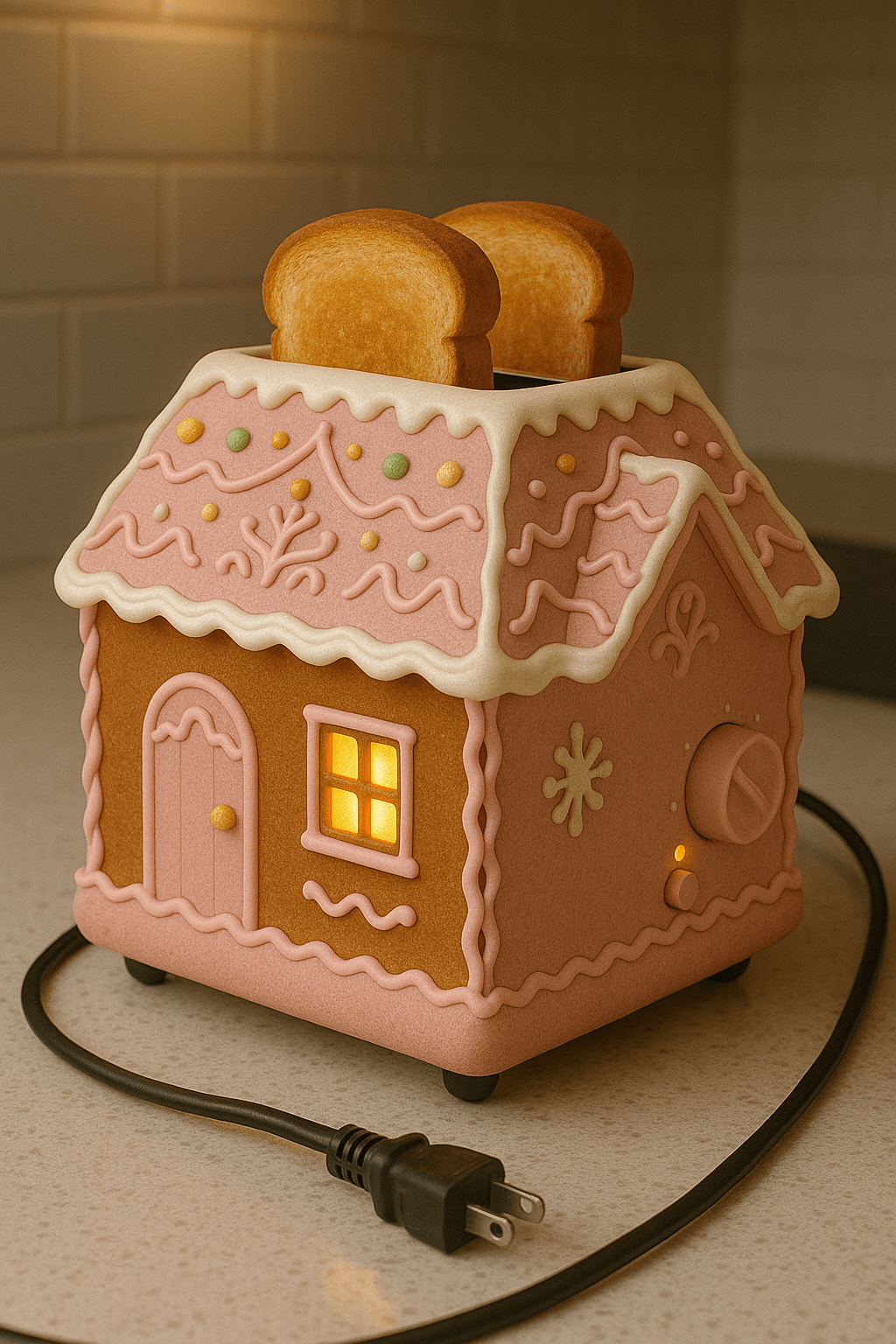 Pink gingerbread house style toaster with decorative icing and warm lighting