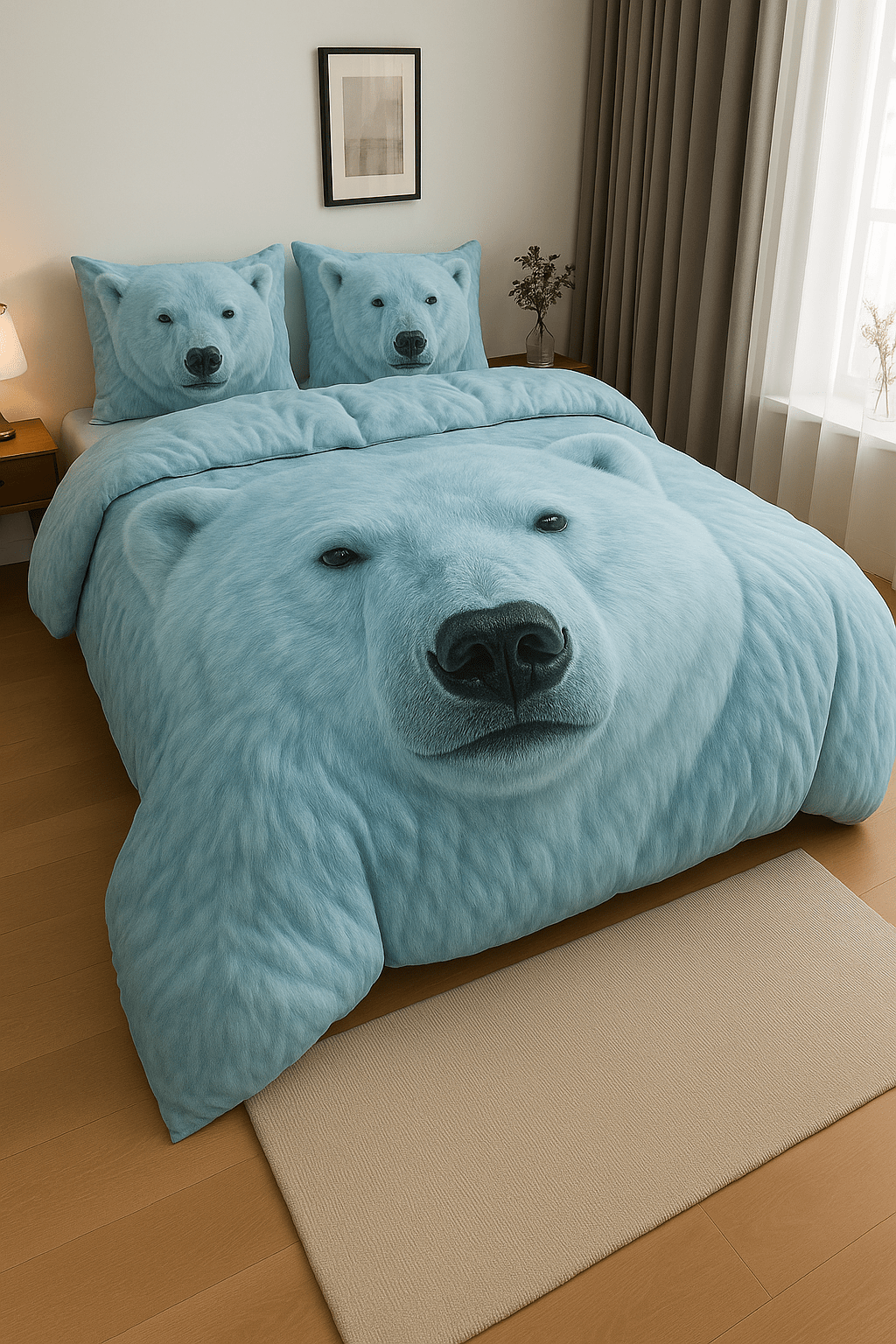 Light blue polar bear duvet and pillow set styled in a contemporary bedroom