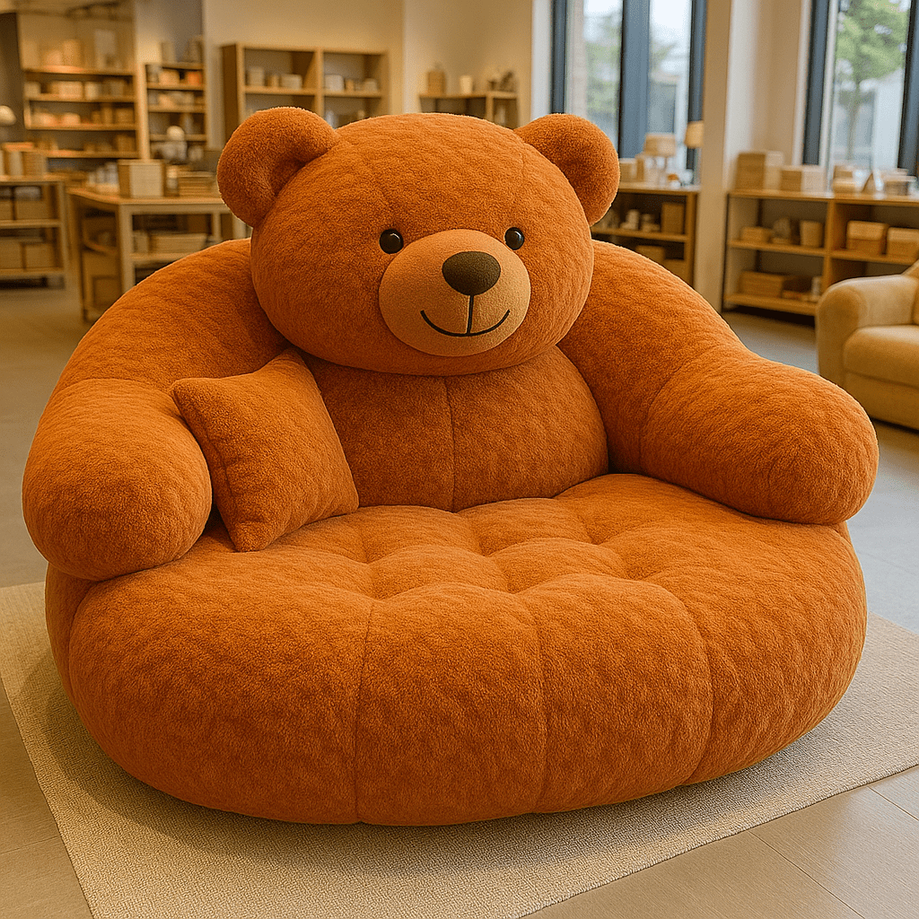 Caramel coloured oversized teddy bear lounger chair with soft teddy fabric and rounded armrests