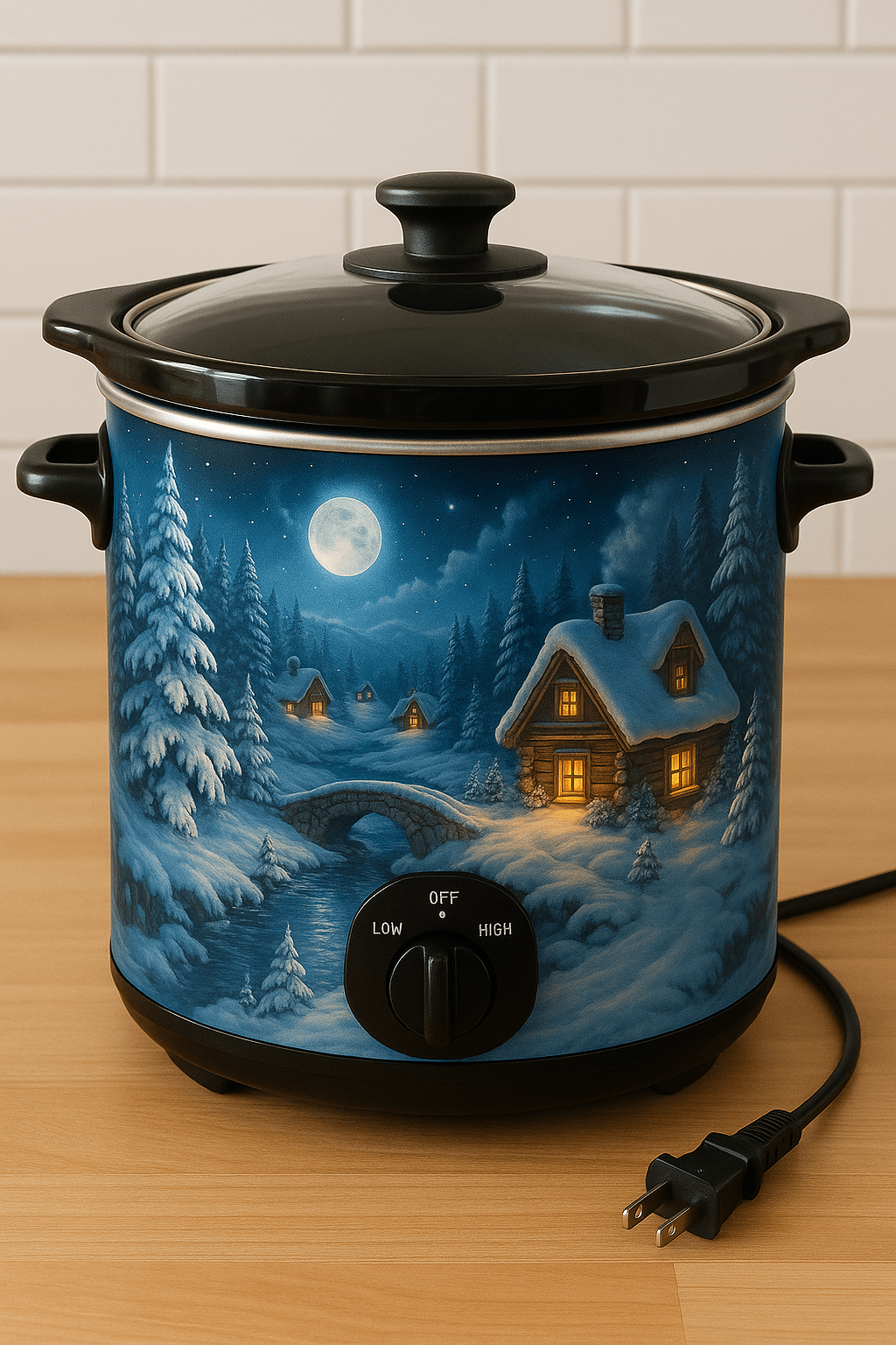 Slow cooker decorated with snowy cottages, a frozen river and a bright full moon over a winter forest.
