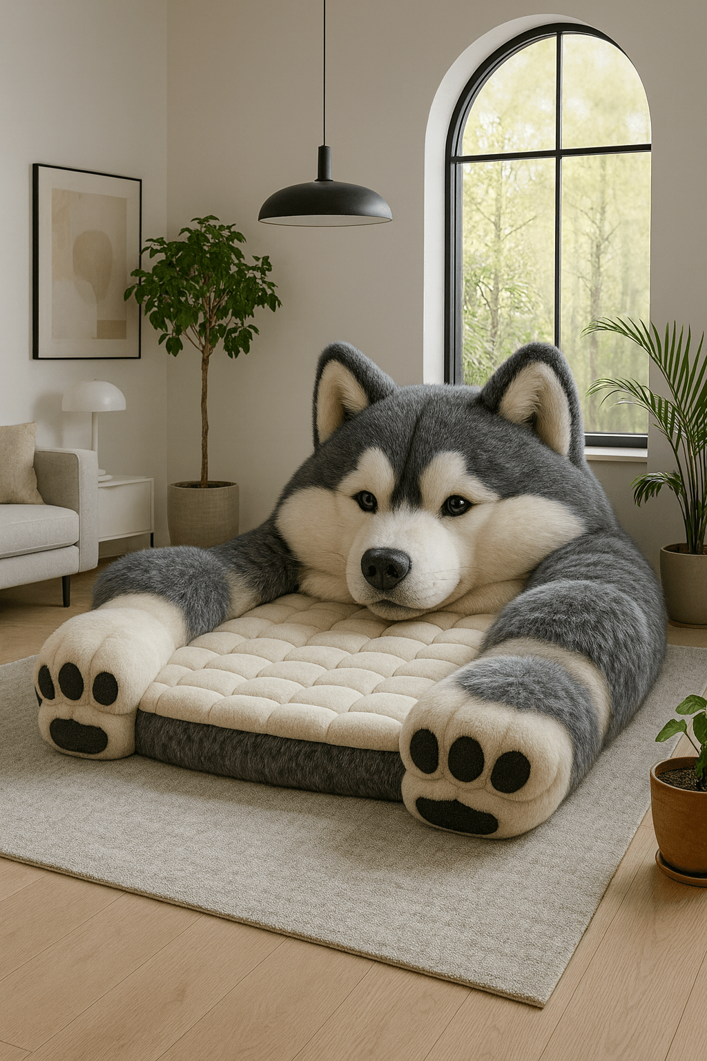 Oversized grey husky lounger chair with plush paws in a minimalist modern living room