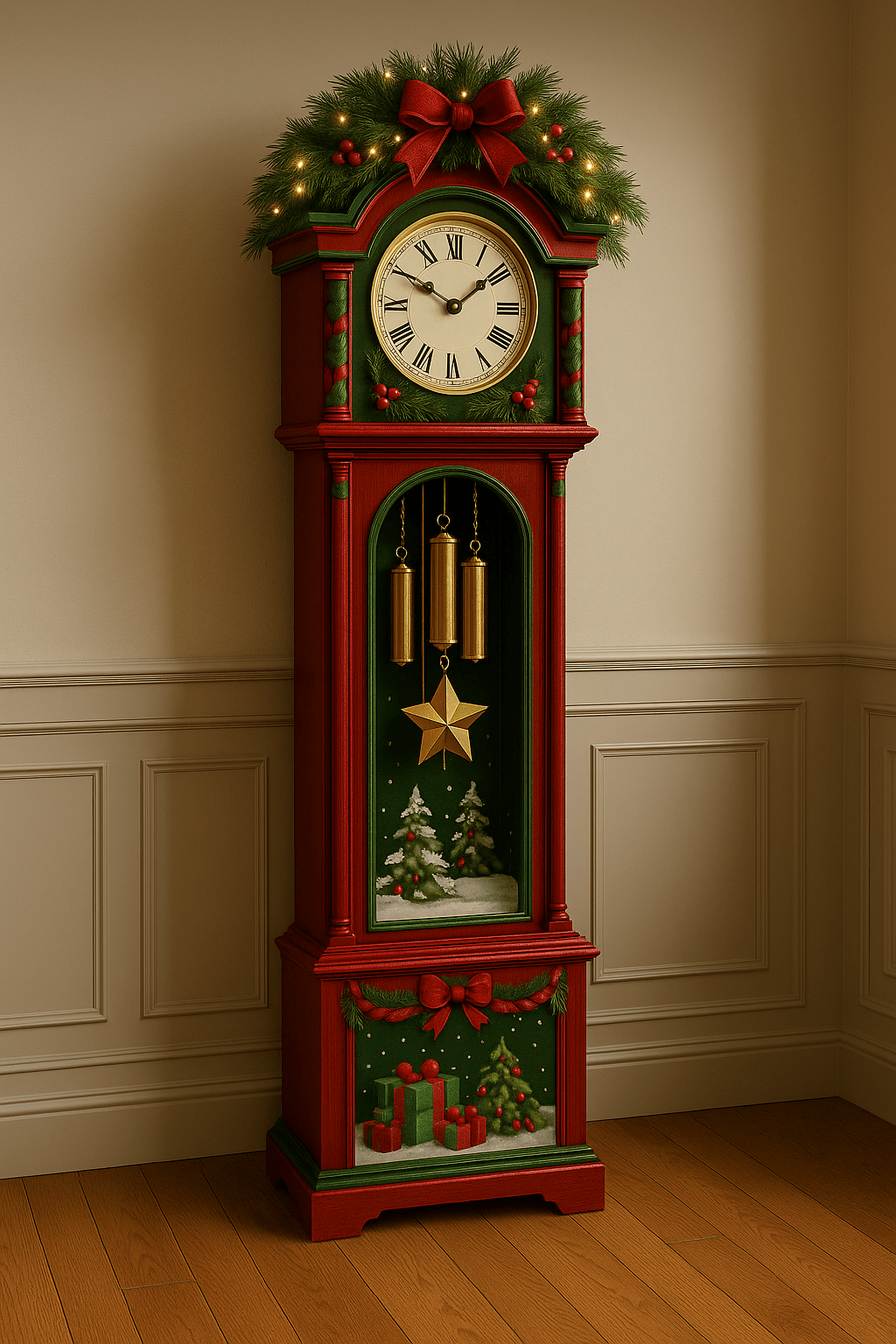 Traditional Christmas grandfather clock featuring garland, lights, gold weights, and miniature snowy trees.
