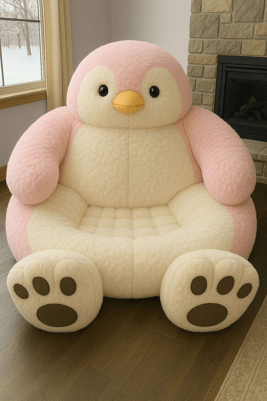 Soft pink and cream oversized penguin lounger chair in a cosy living room setting
