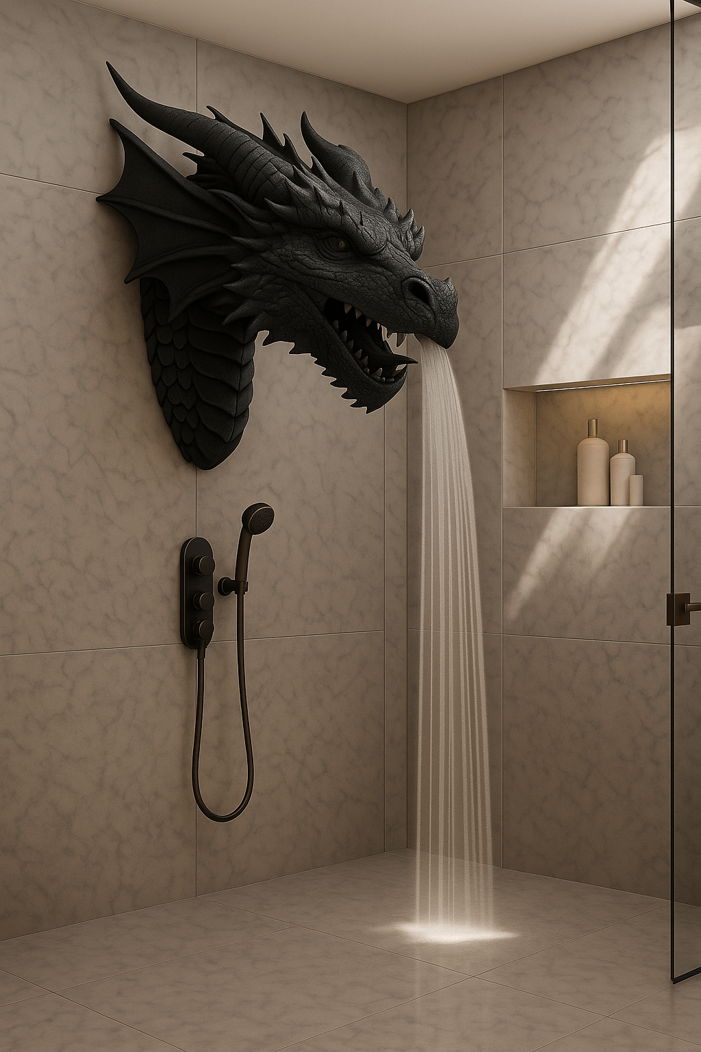 Matte black dragon head shower feature with water flowing in a minimalist bathroom.