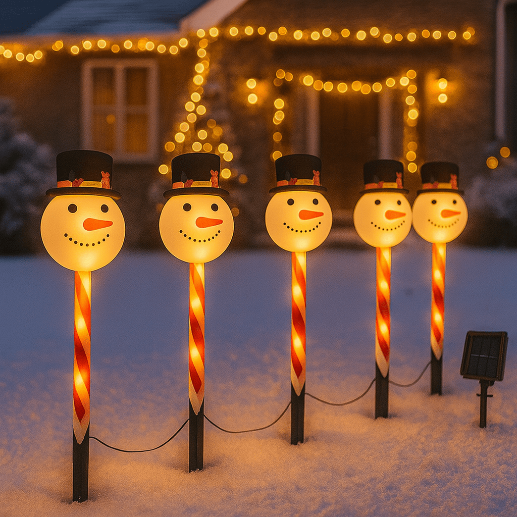Glowing snowman pathway lights with top hats illuminating a snowy garden path