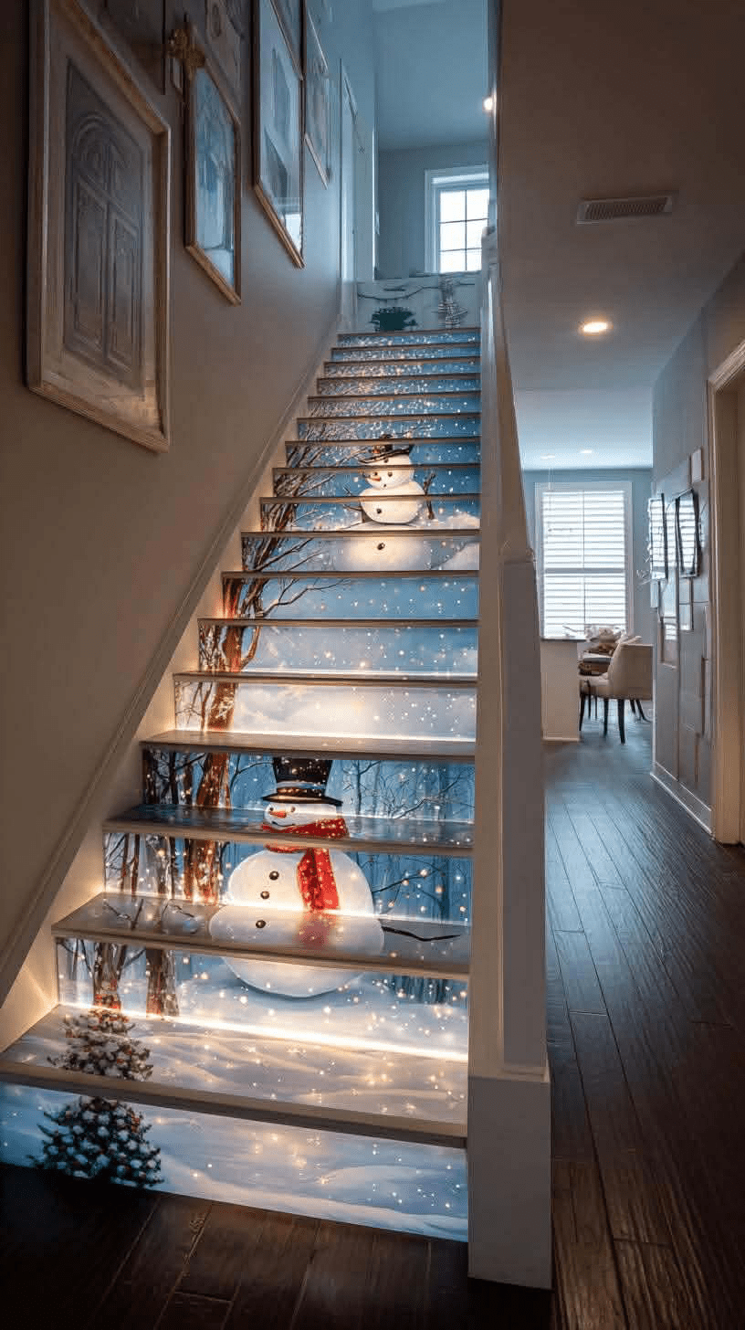 Illuminated Christmas staircase featuring snowman winter scene with glowing LED stair lights