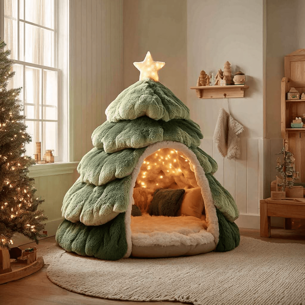 Plush Christmas tree-shaped lounger with glowing star and warm interior lights in a cosy bedroom.