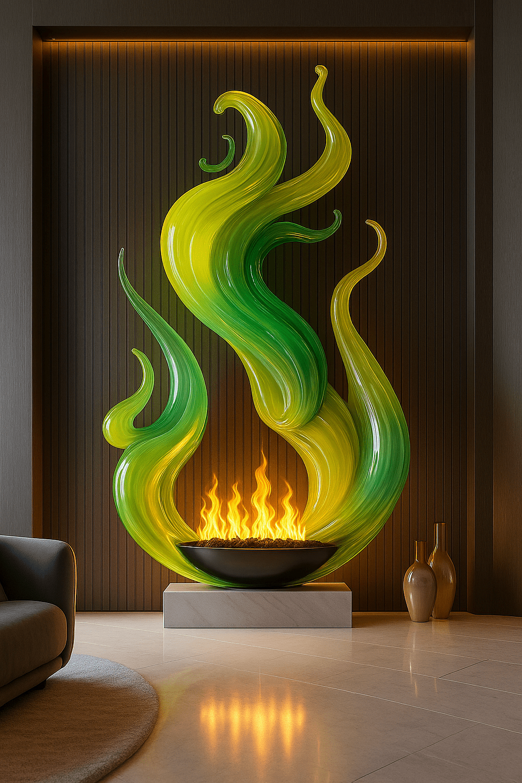 Modern fireplace with large green and yellow flame-shaped sculpture above a glowing fire bowl