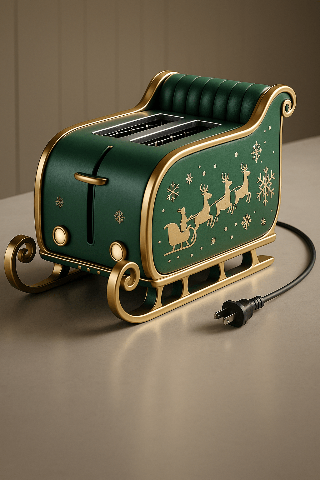 Emerald green sleigh-style Christmas toaster with gold detailing and Santa artwork.