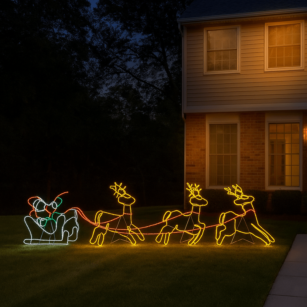 Bright reindeer and Santa sleigh silhouette lights glowing on a lawn outside a house at night.