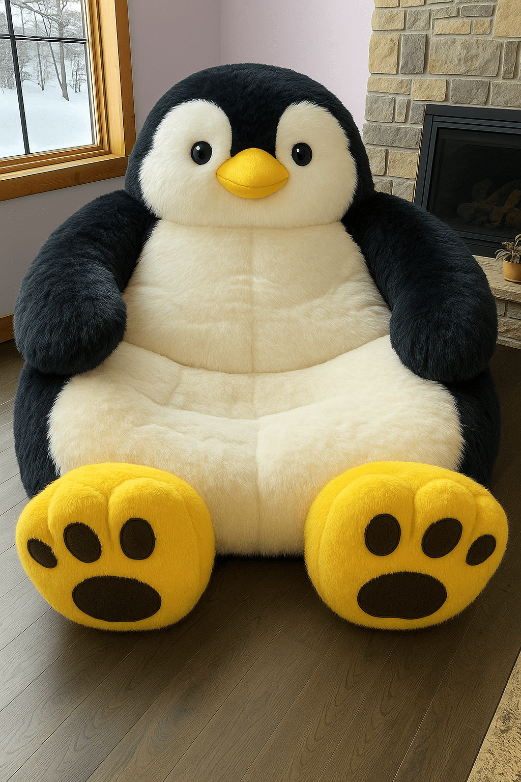 Oversized black and cream penguin lounger chair with plush padding and built-in footrests