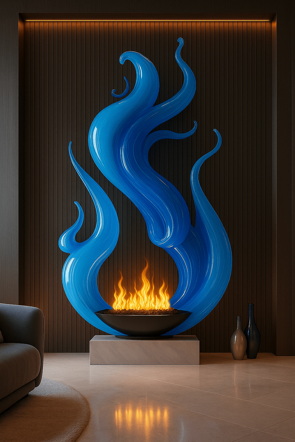 Deep blue flame-inspired sculpture rising above a contemporary fire bowl in a luxury interior
