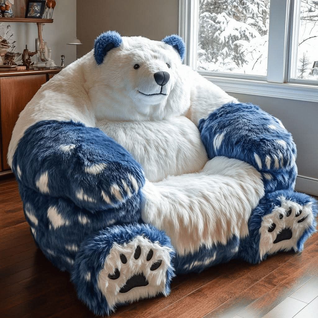 Large blue and white plush polar bear armchair near winter window scene.