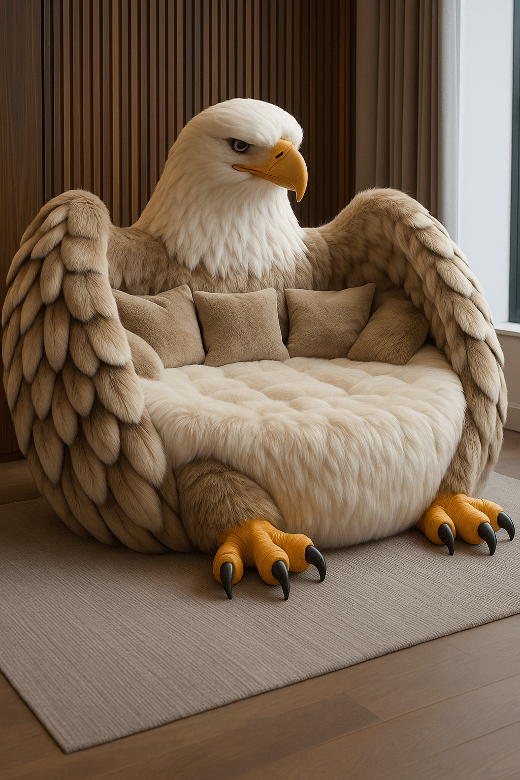 Cream and beige eagle-inspired armchair with plush cushions and realistic design details