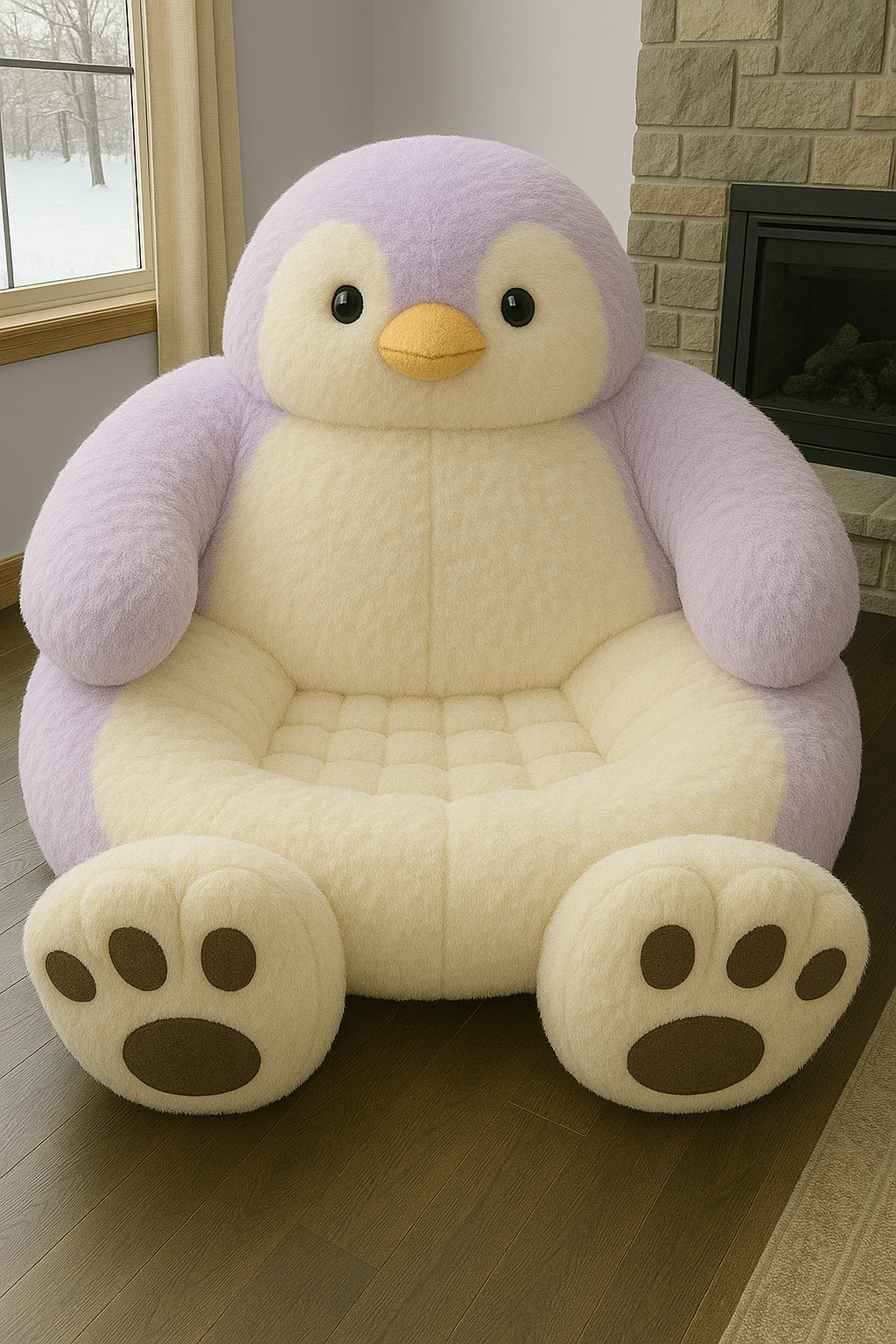Lavender and cream penguin lounger chair with oversized plush arms and deep seat