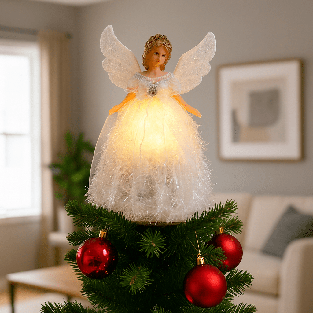 Glowing angel tree topper with sparkling wings and a shimmering white dress.