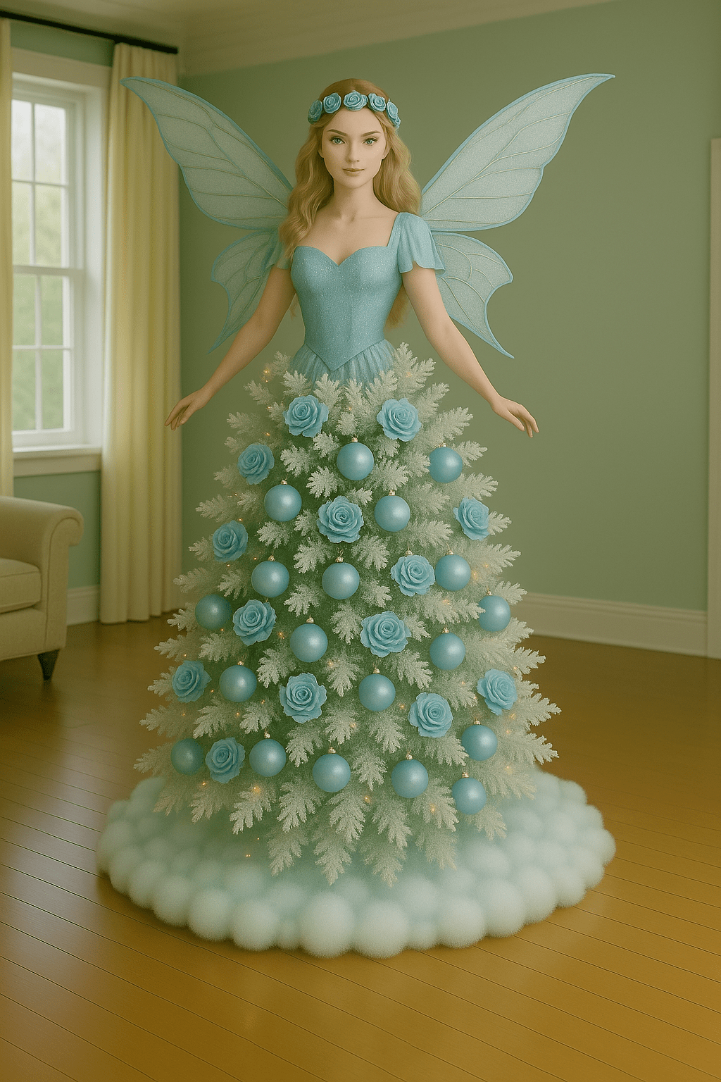 Ice blue fairy Christmas tree with frosted branches, blue baubles and warm fairy lights