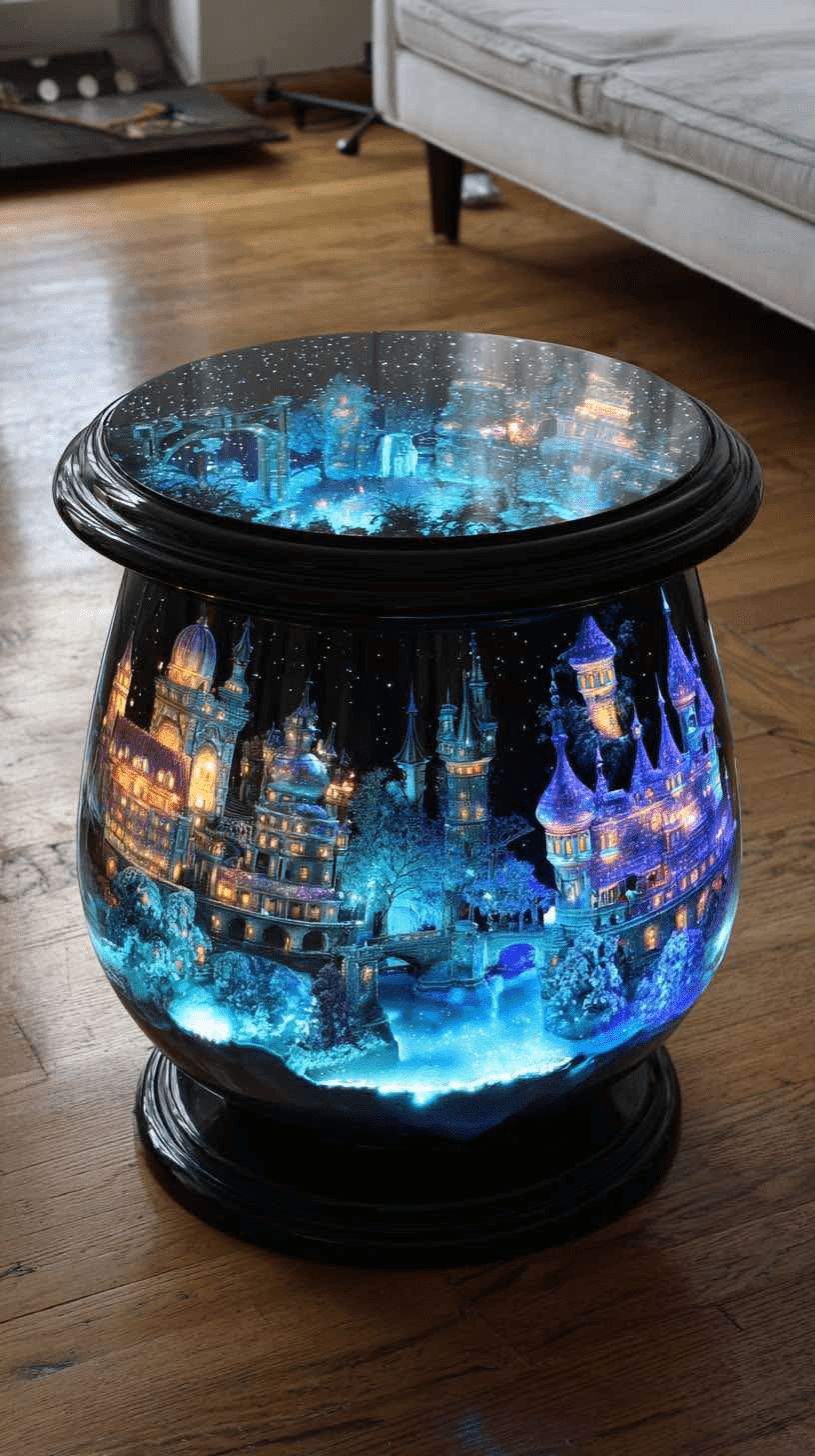 Winter Wonderland Tables: Black glowing table featuring detailed blue castle and night sky design inside orb-shaped base