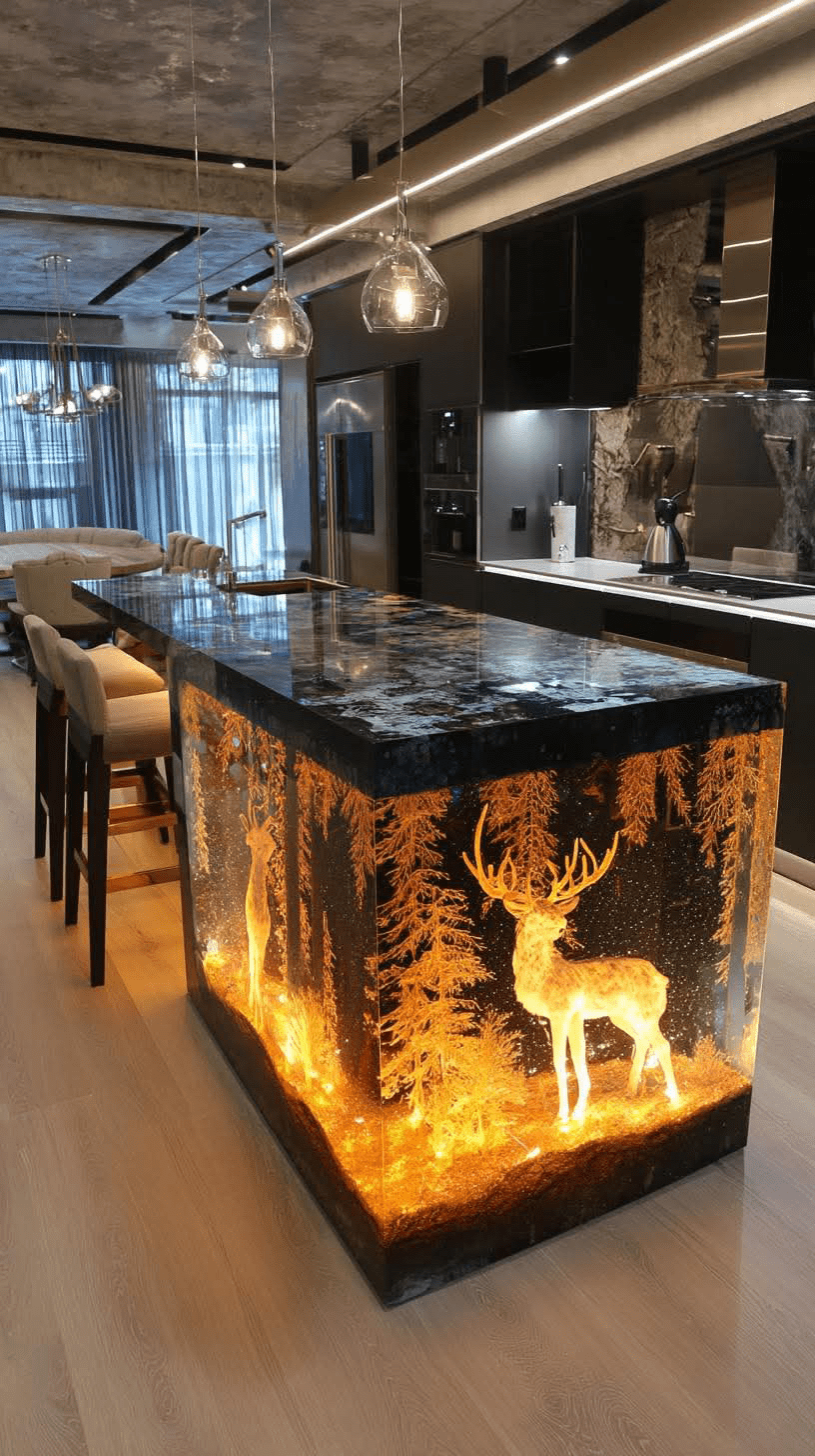 Kitchen island with glowing golden reindeer and forest silhouettes.