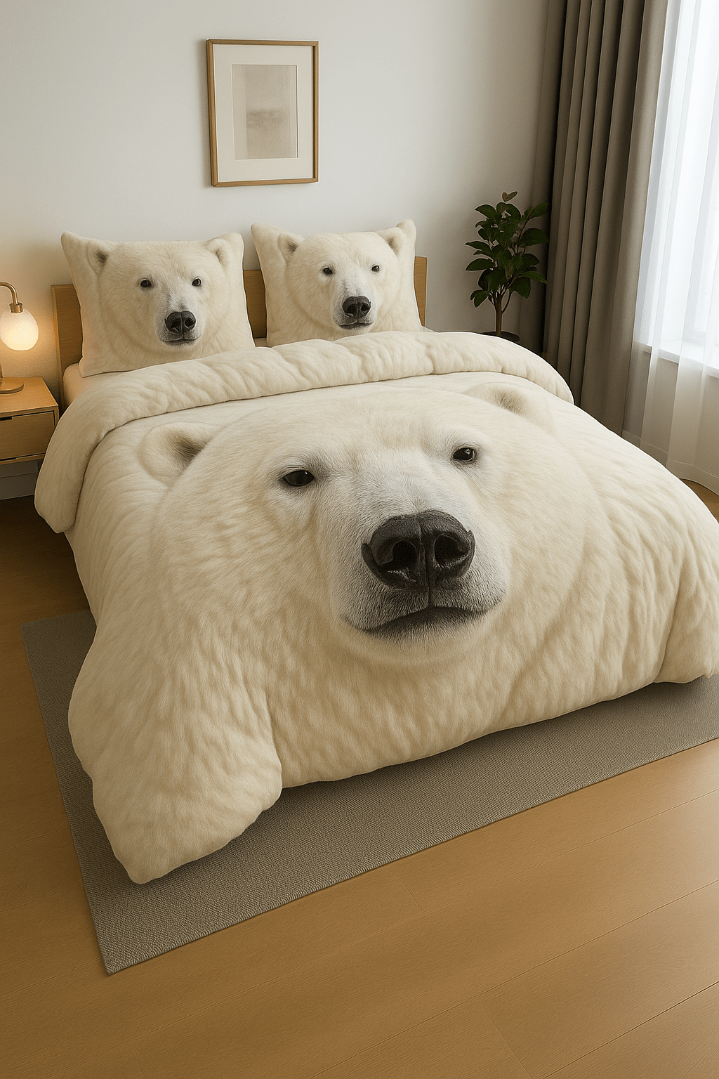 White duvet cover and pillow set in a warm modern bedroom