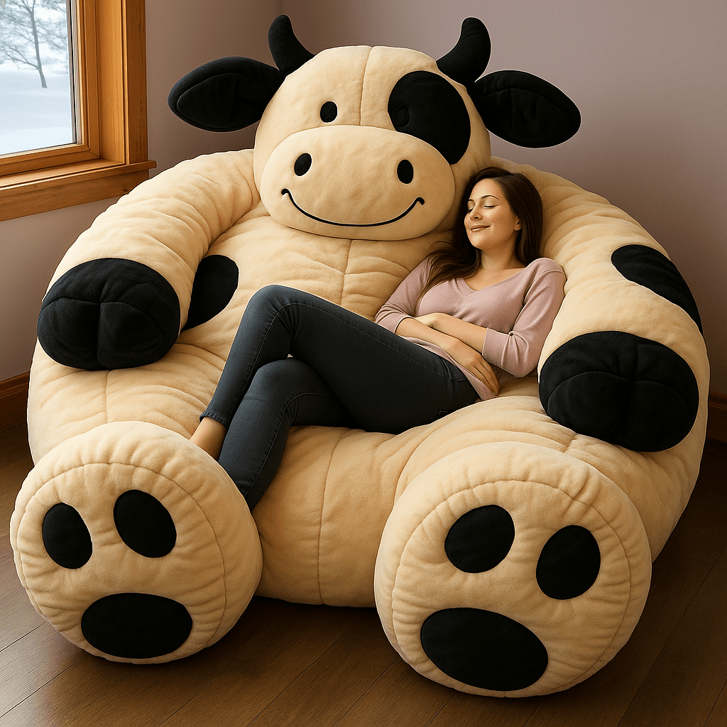 Oversized black and white plush cow chair with adult relaxing
