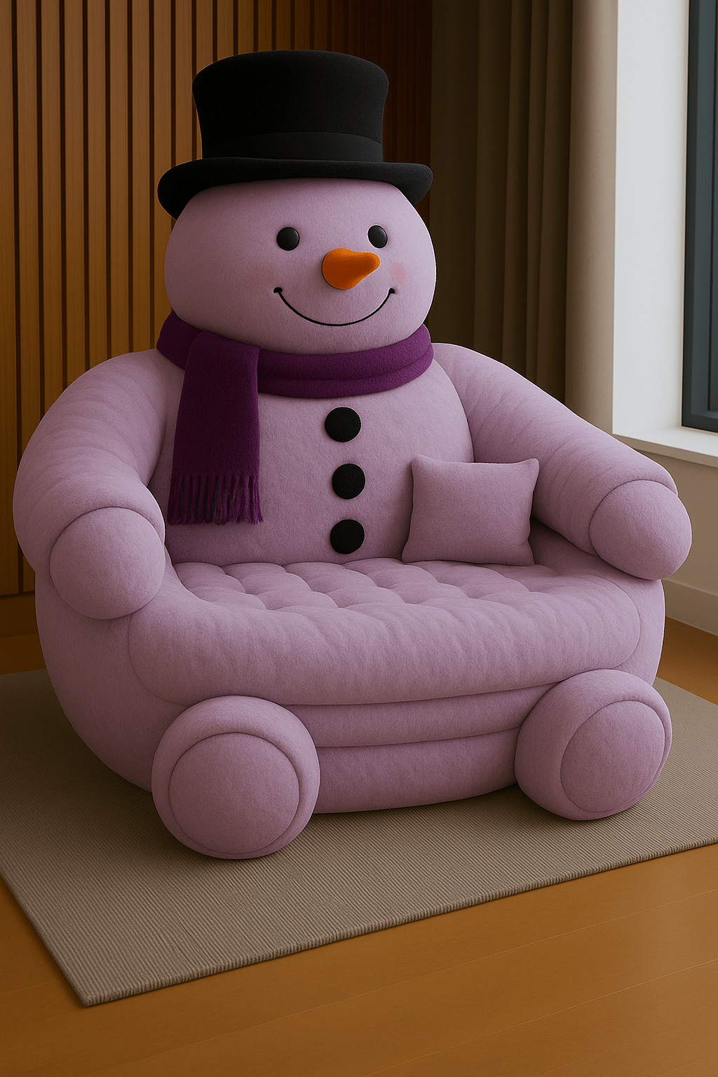Whimsical lilac snowman armchair with plum details in festive home setting