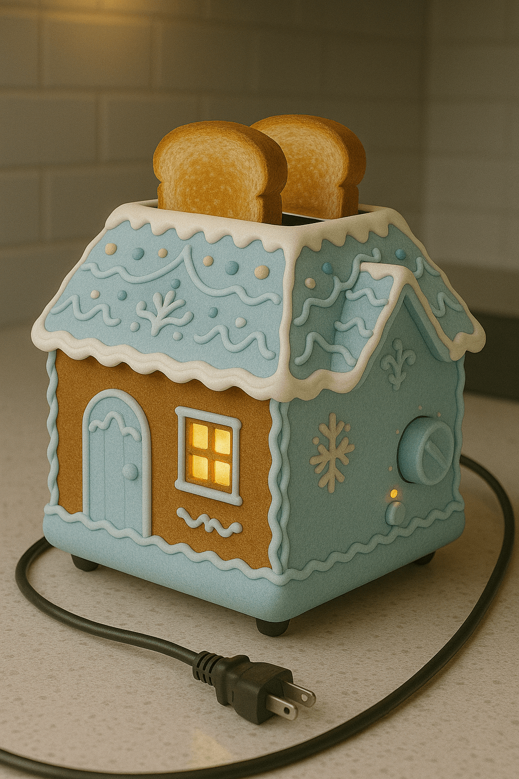 Blue pastel gingerbread house toaster with icing roof and illuminated windows